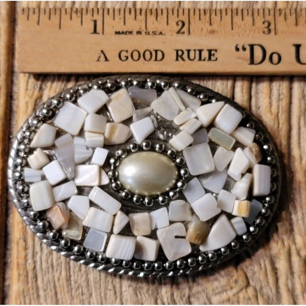 Belt Buckle Shell Stone Gem Pieces Vintage